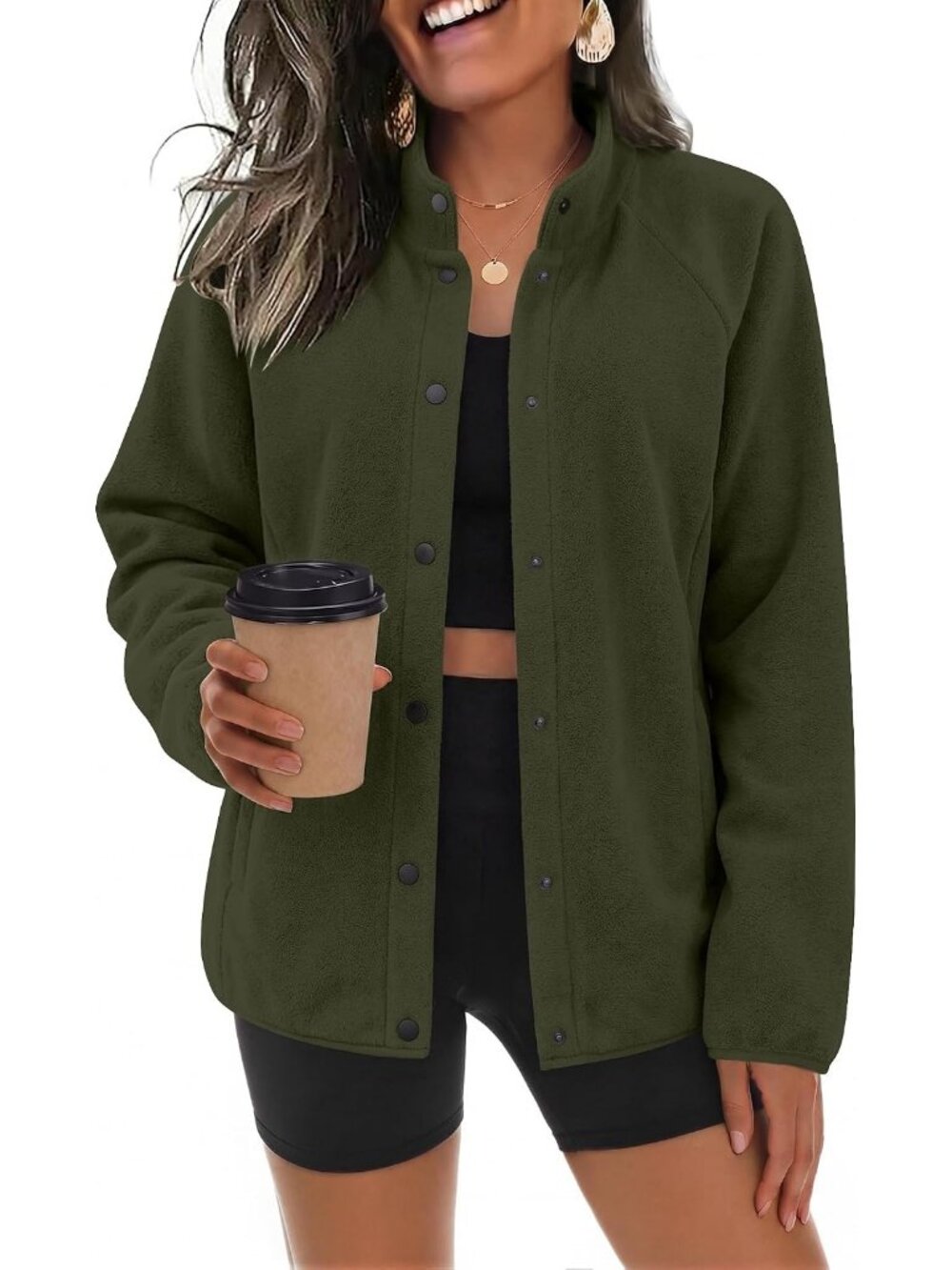 Women's Army Green Fleece Jackets Fall Clothe Button Winter Coat with Pockets